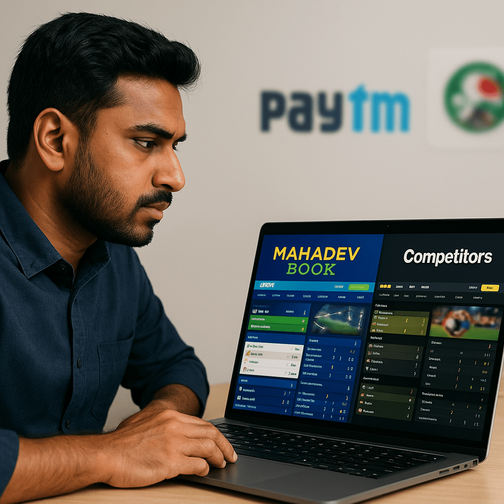 User comparing betting platforms on Mahadev Book dashboard with secure payment icons visible
