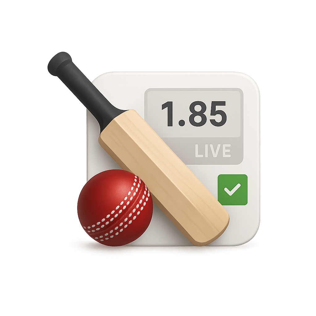 Cricket bat and ball with betting slip icon representing cricket betting access