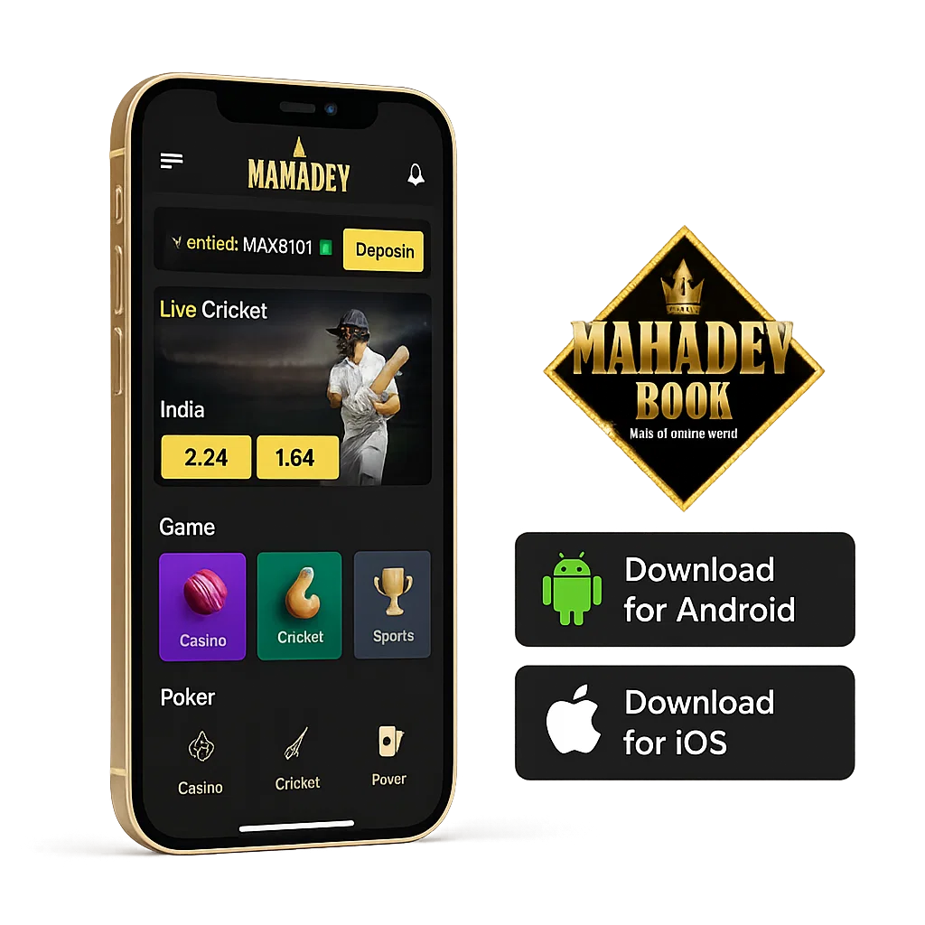 Smartphone displaying Mahadev Betting App with download buttons for Android and iOS