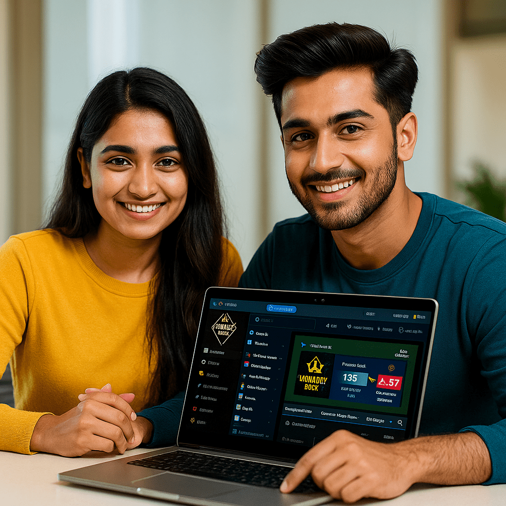 Two Indian users engaged with Mahadev Book on a laptop, angled toward camera