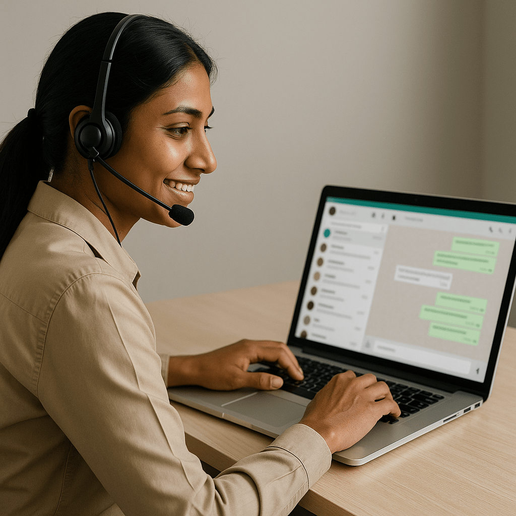 Indian customer support agent assisting user via WhatsApp on laptop for Mahadev Book