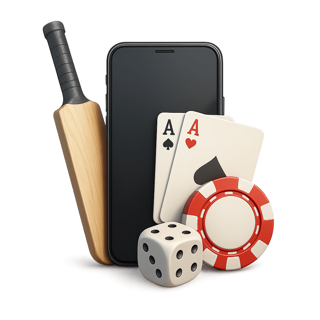 Cricket bat, playing cards, and casino chip icon representing Mahadev Book multi-platform access