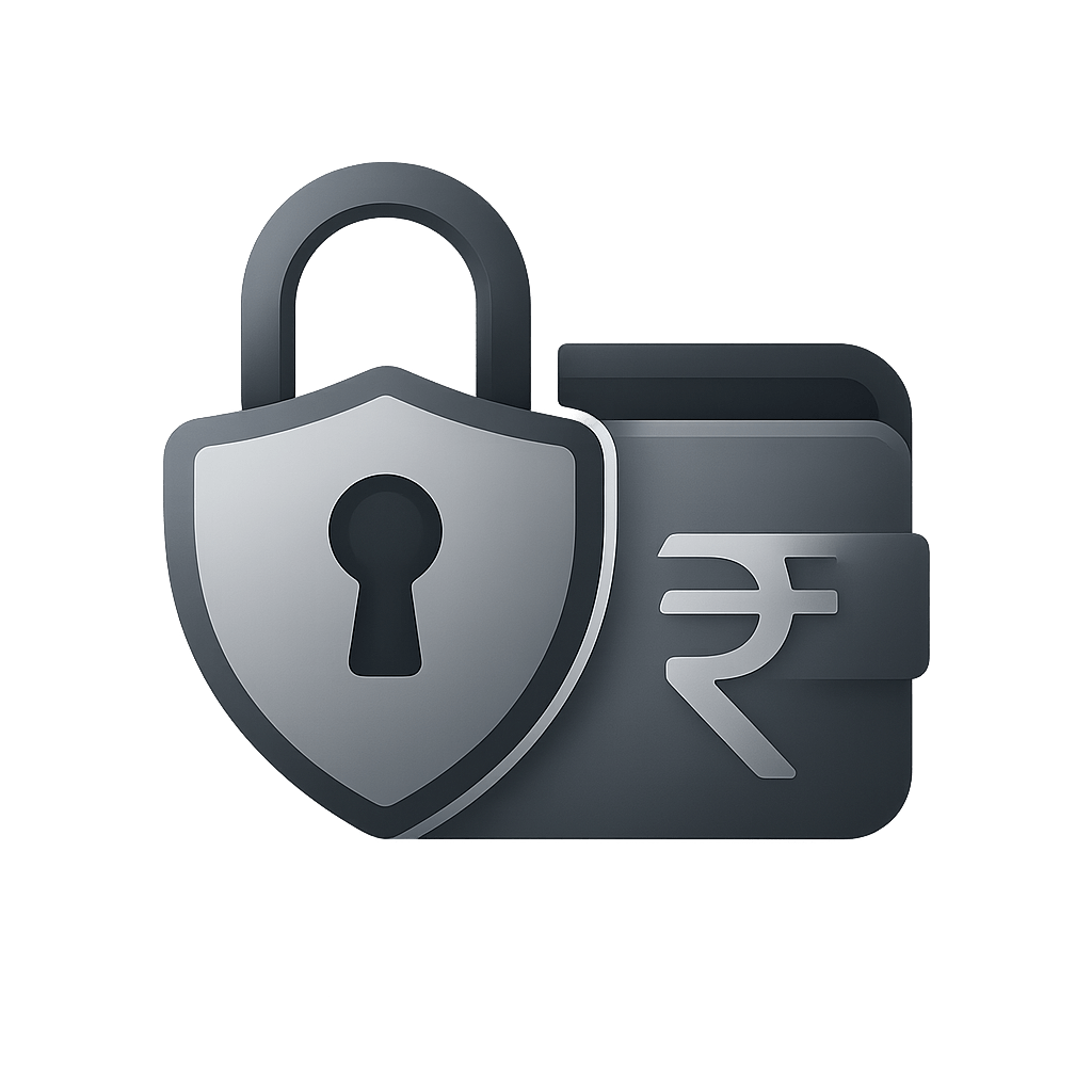 Shield with rupee icon representing secure betting transactions on Mahadev Book