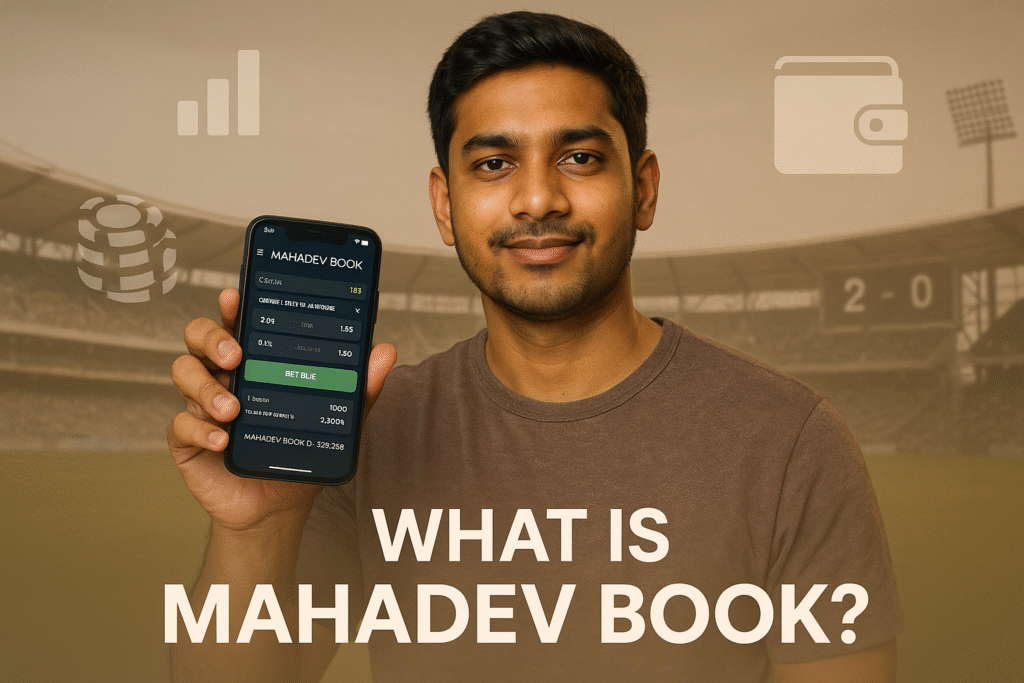 Indian user holding smartphone with Mahadev Book betting app showing cricket odds