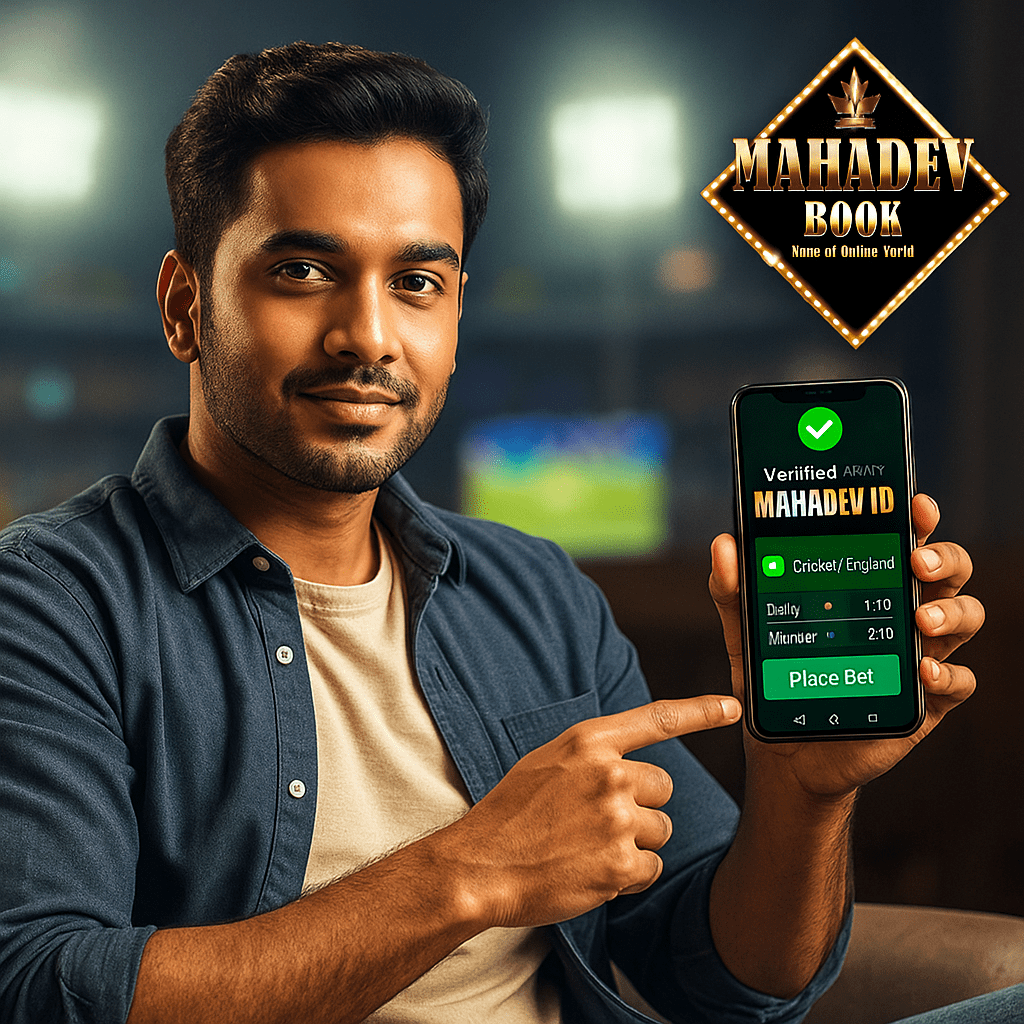 Indian user verifying Mahadev Book ID on smartphone with cricket match background