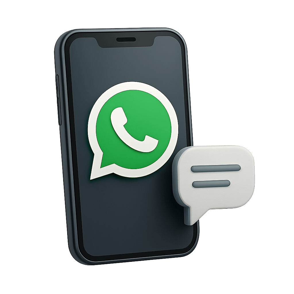 Smartphone with WhatsApp icon and chat bubble symbolizing WhatsApp-based support